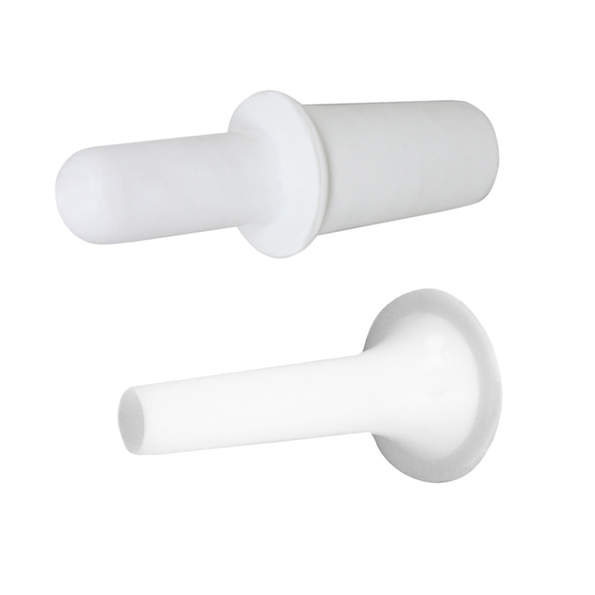 Two white plastic stuffing tubes for the KuKoo Commercial Meat Grinder, featuring smooth surfaces and tapered ends for easy use