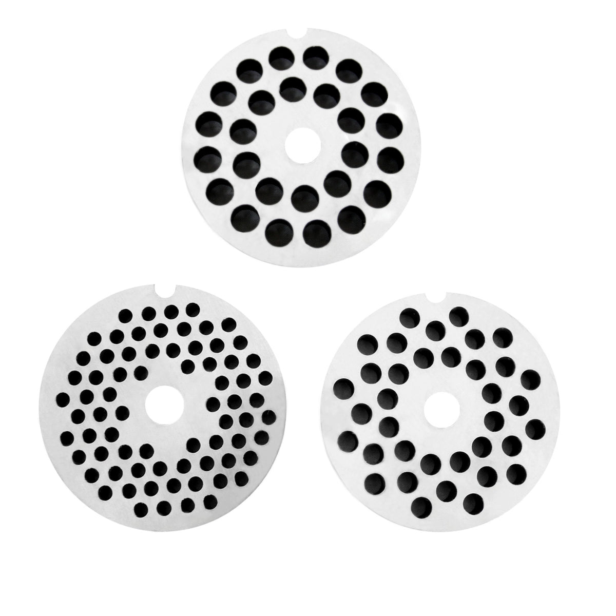 Three stainless steel grinding plates for KuKoo Commercial Meat Grinder, featuring varying hole sizes for different meat textures
