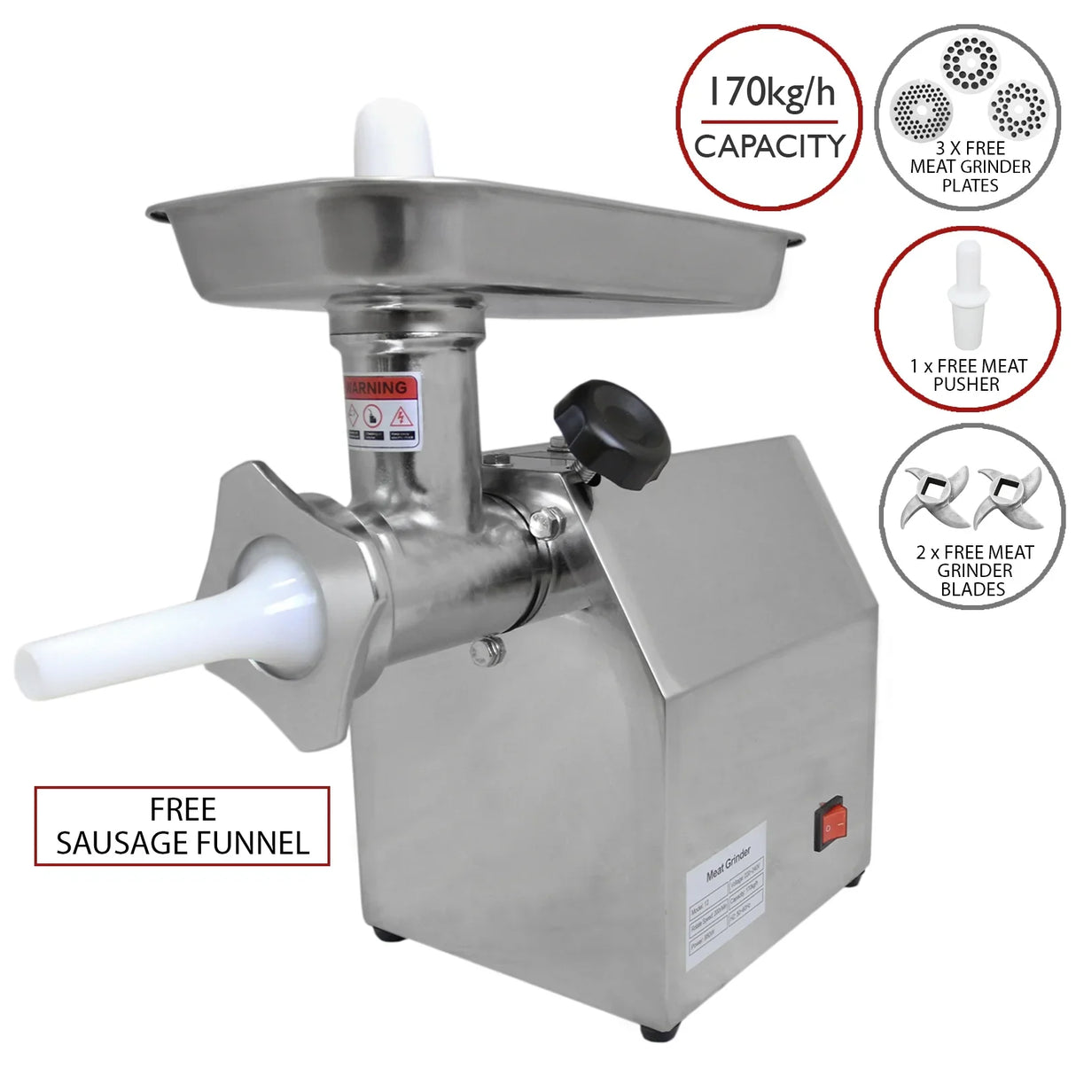 KuKoo Commercial Meat Grinder in stainless steel, featuring a large feeding tray, adjustable knob, and includes free sausage funnel and grinder plates