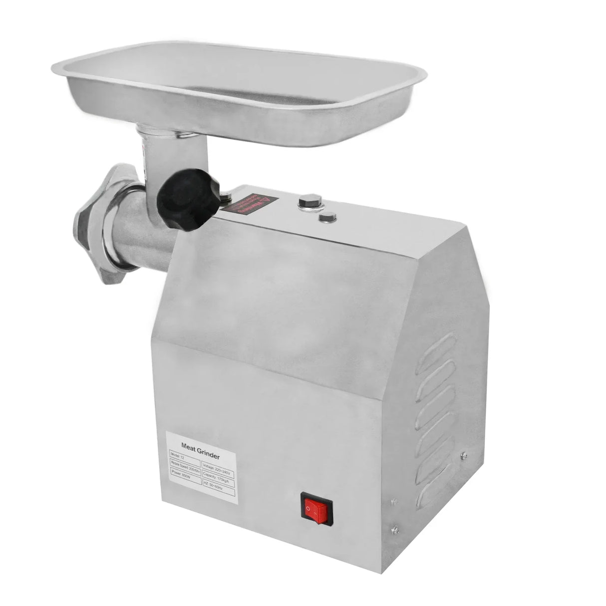 Stainless steel KuKoo Commercial Meat Grinder with a large feeding tray, sturdy base, and easy-to-use power switch for efficient grinding