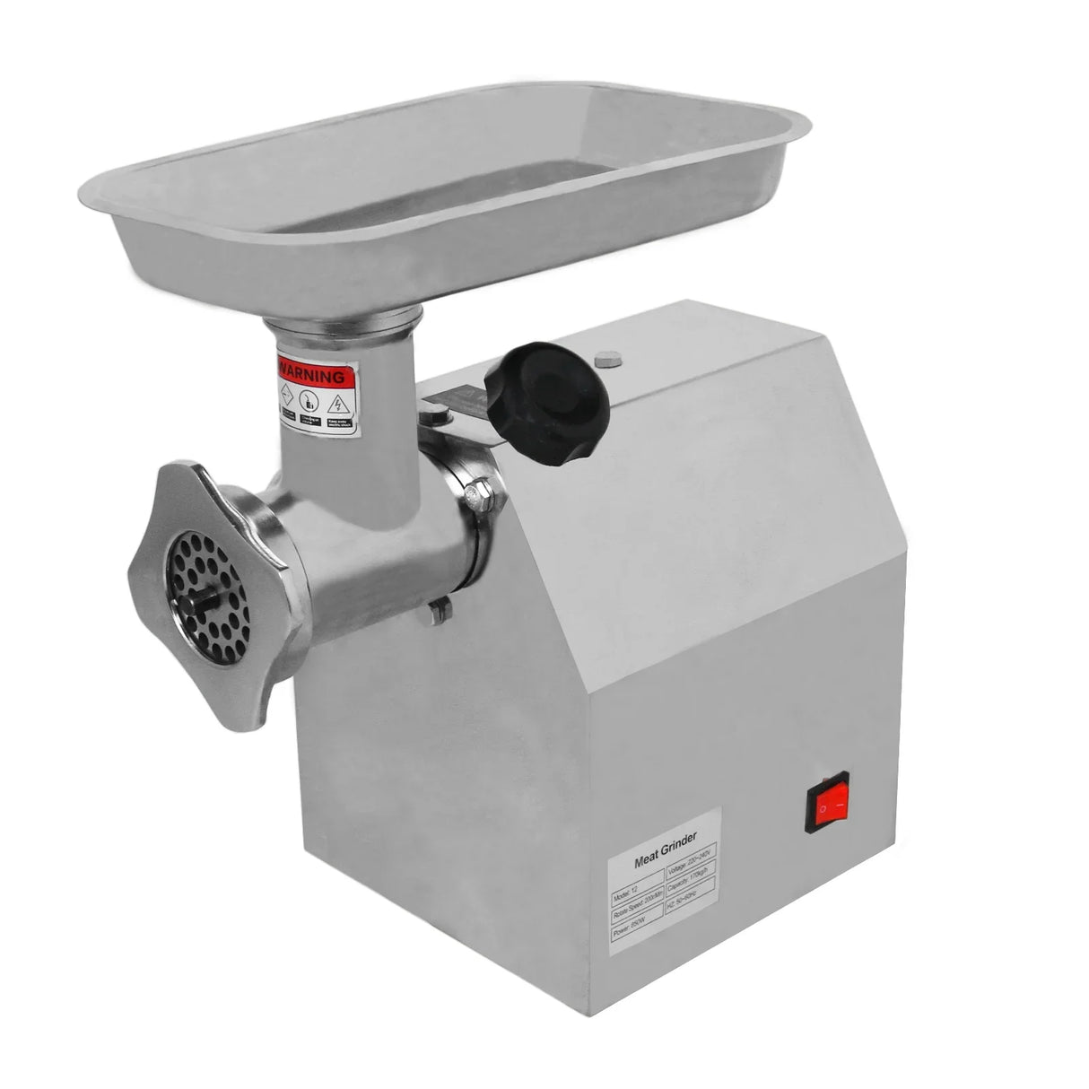 Stainless steel KuKoo Commercial Meat Grinder with a large feeding tray, power switch, and textured grinding plate for efficient meat processing