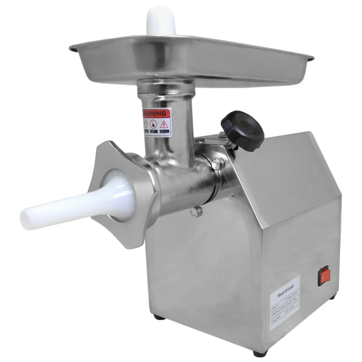 Stainless steel KuKoo commercial meat grinder with a large feeding tray, white plastic funnel, and easy-to-use control knob