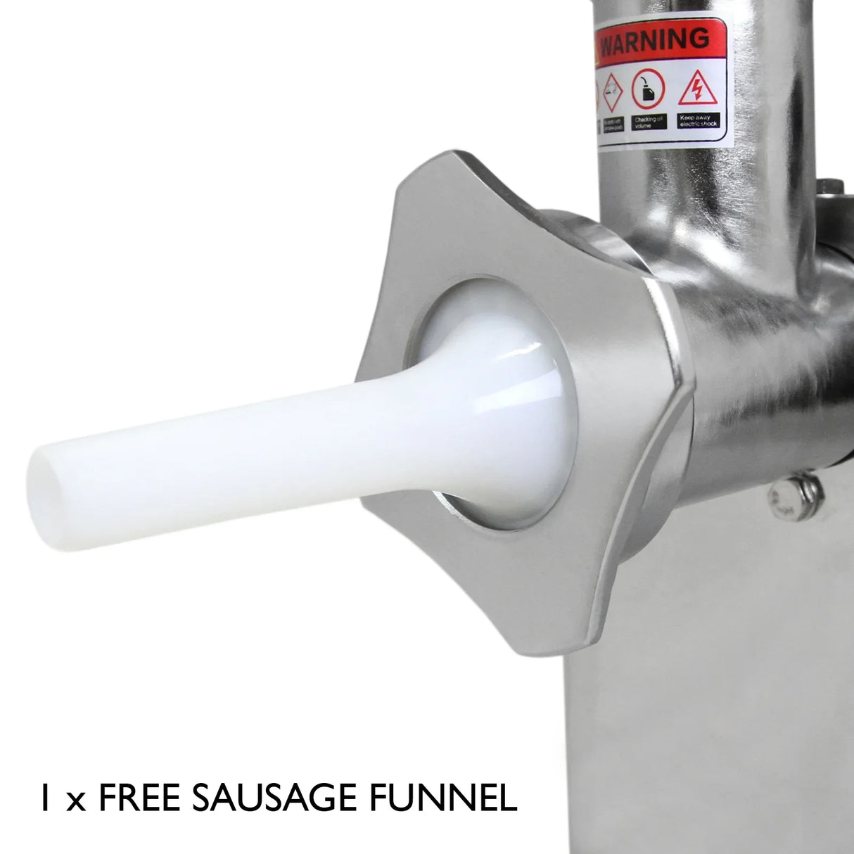 KuKoo Commercial Meat Grinder featuring a stainless steel body and a white plastic sausage funnel attachment for easy use