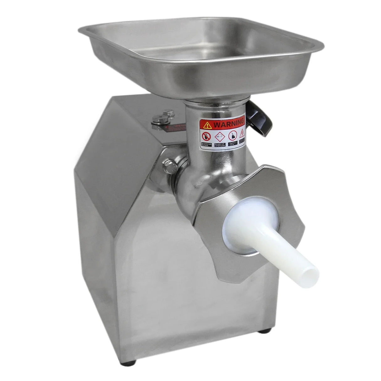 Stainless steel KuKoo Commercial Meat Grinder with a large feeding tray, sturdy base, and a wide output tube for efficient grinding