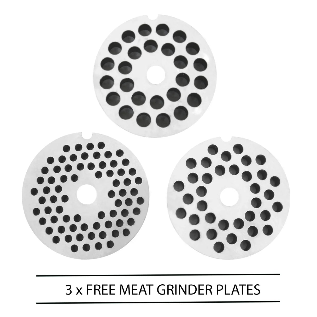 Three stainless steel meat grinder plates with varying hole sizes, designed for the KuKoo Commercial Meat Grinder, showcasing durability and versatility