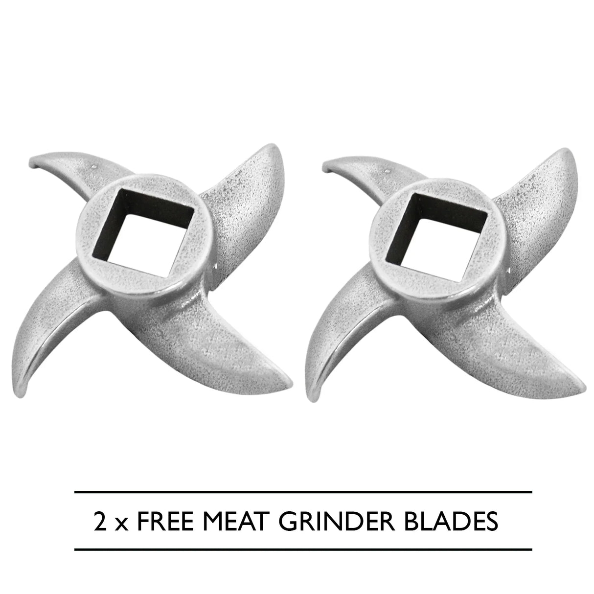 Two silver metal meat grinder blades with a square center, designed for the KuKoo Commercial Meat Grinder, showcasing a durable, sharp design