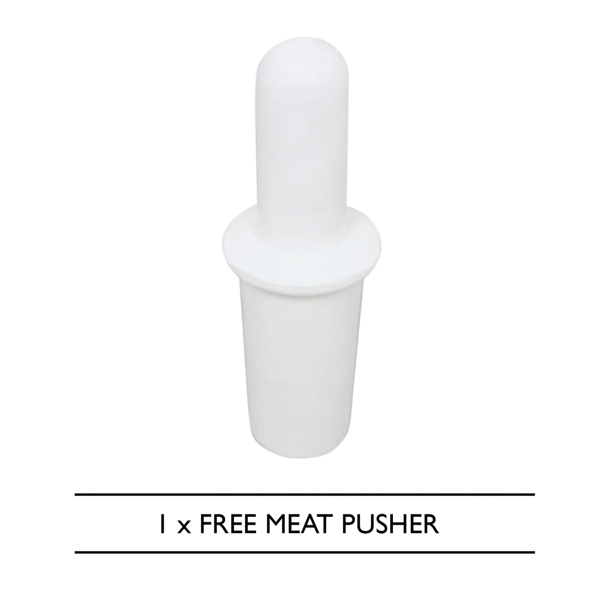 White plastic meat pusher designed for use with the KuKoo Commercial Meat Grinder, featuring a smooth, rounded top for easy handling