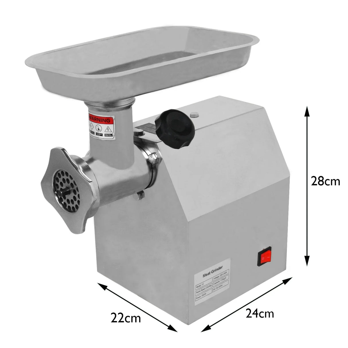 Stainless steel KuKoo Commercial Meat Grinder with a large hopper, compact design, and safety switch, measuring 22cm x 24cm x 28cm