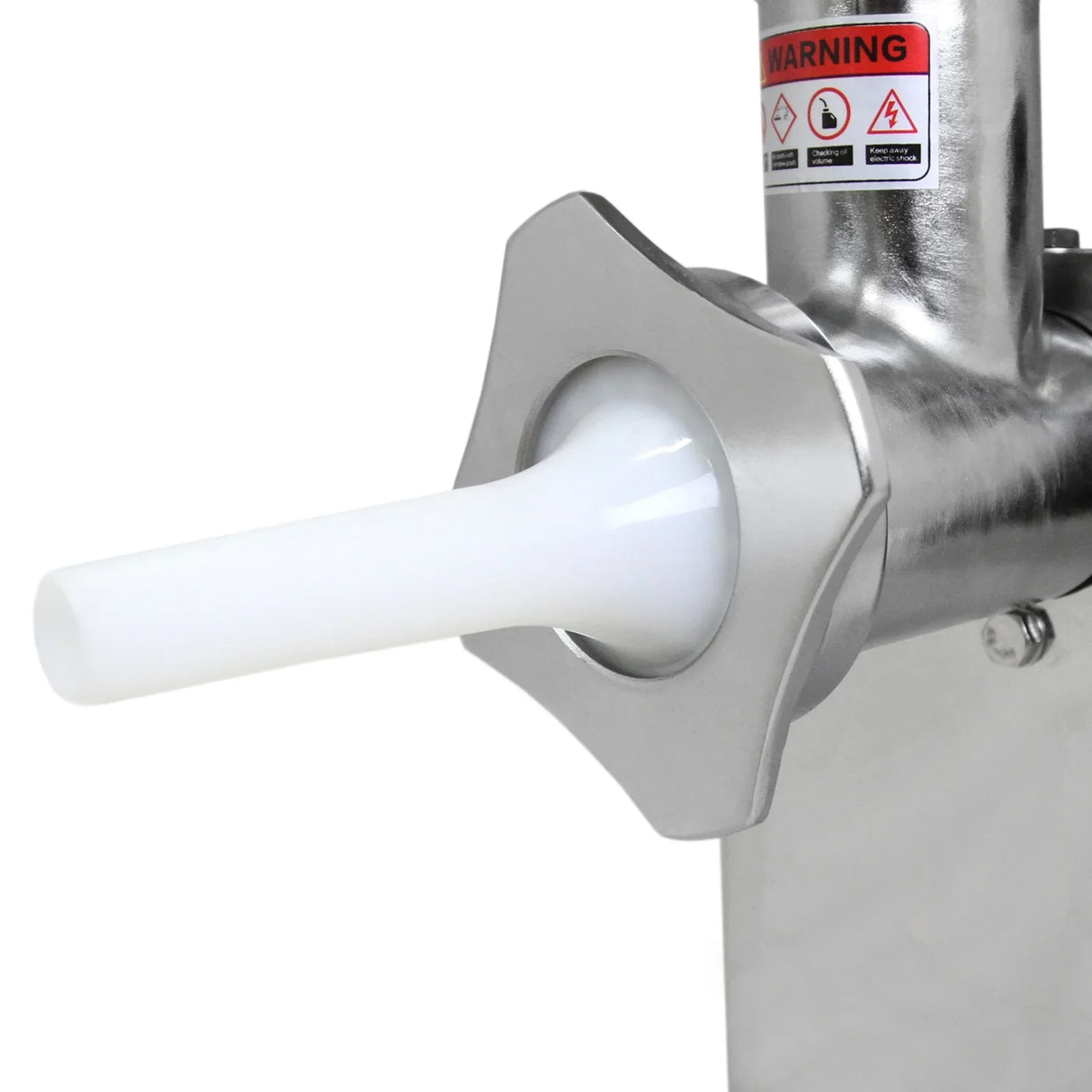 Stainless steel KuKoo Commercial Meat Grinder with a white plastic stuffing tube attachment for easy sausage making