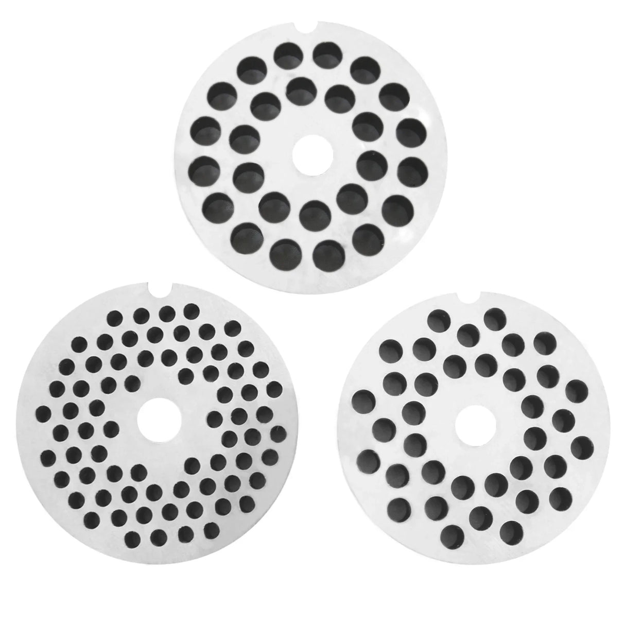 Three stainless steel grinding plates for the KuKoo Commercial Meat Grinder, featuring various hole sizes for different textures
