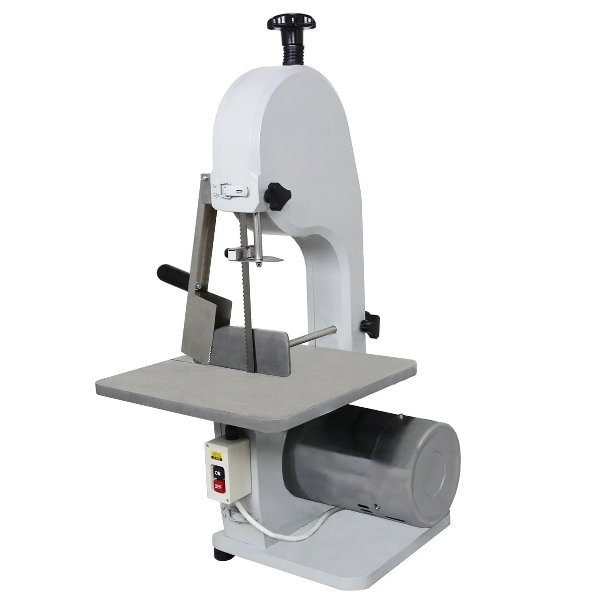 Kukoo Commercial Bone Saw Bandsaw with a sturdy white body, stainless steel blade, and a large cutting table for efficient meat processing