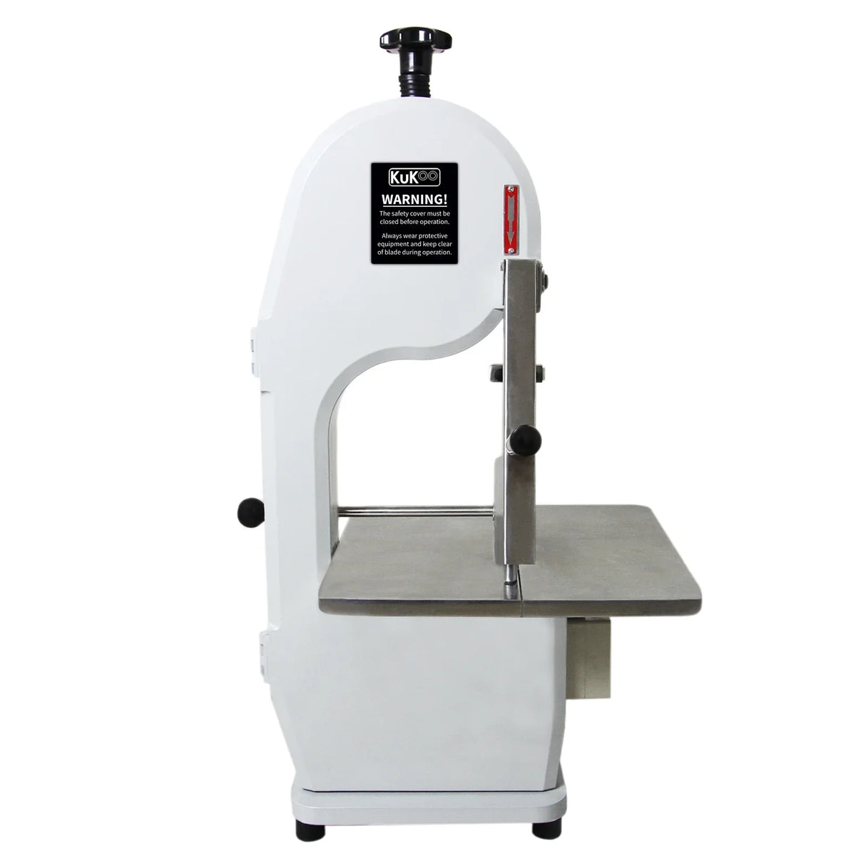 Kukoo Commercial Bone Saw Bandsaw in white with a stainless steel blade, featuring a sturdy worktable and safety warning label