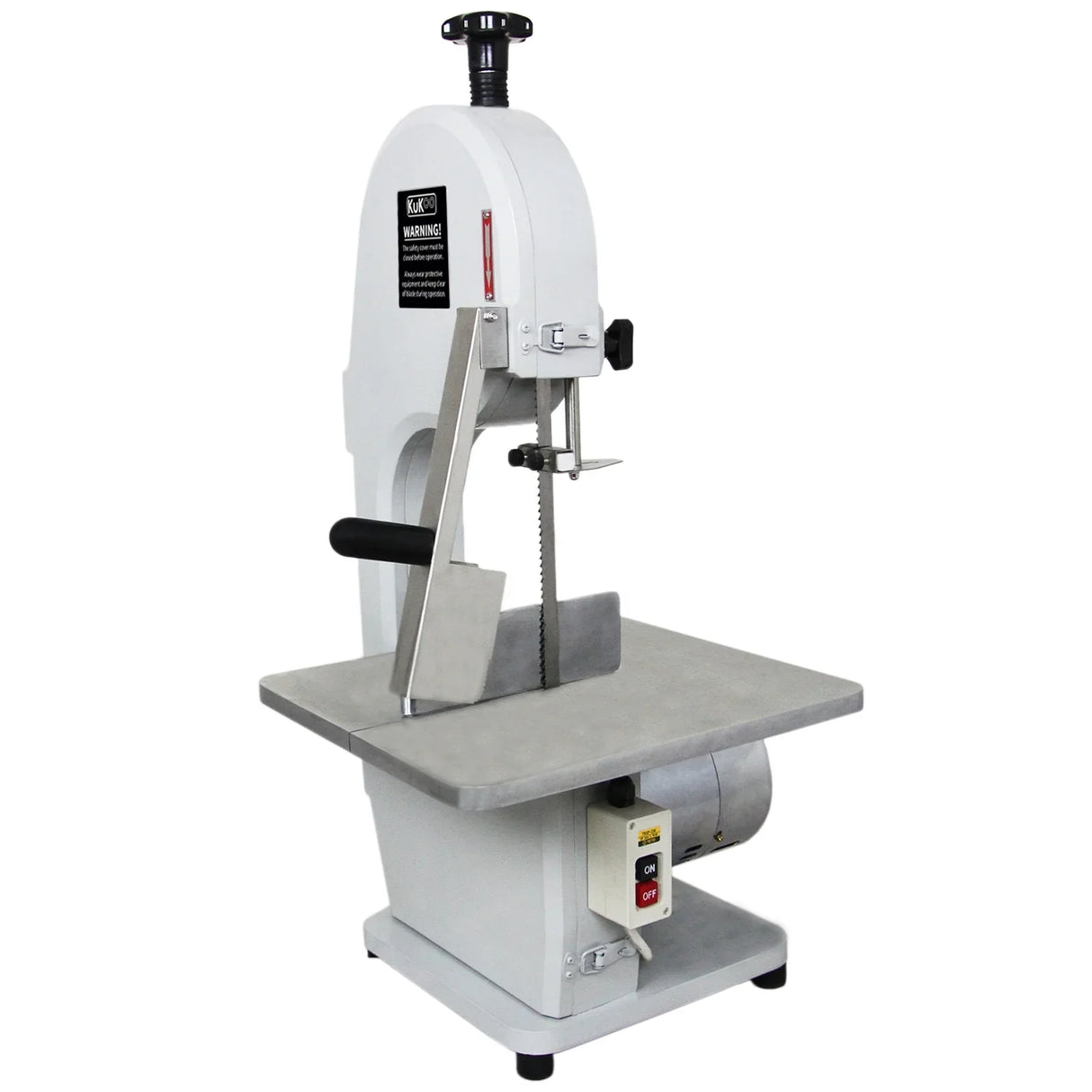 Kukoo Commercial Bone Saw Bandsaw with a sturdy gray base, vertical blade, and adjustable cutting height for precision meat cutting