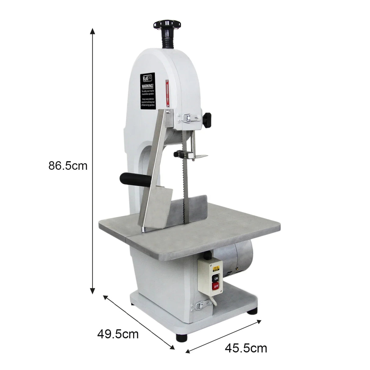 Kukoo Commercial Bone Saw Bandsaw with a sturdy white body, large cutting table, and adjustable blade for precision cutting