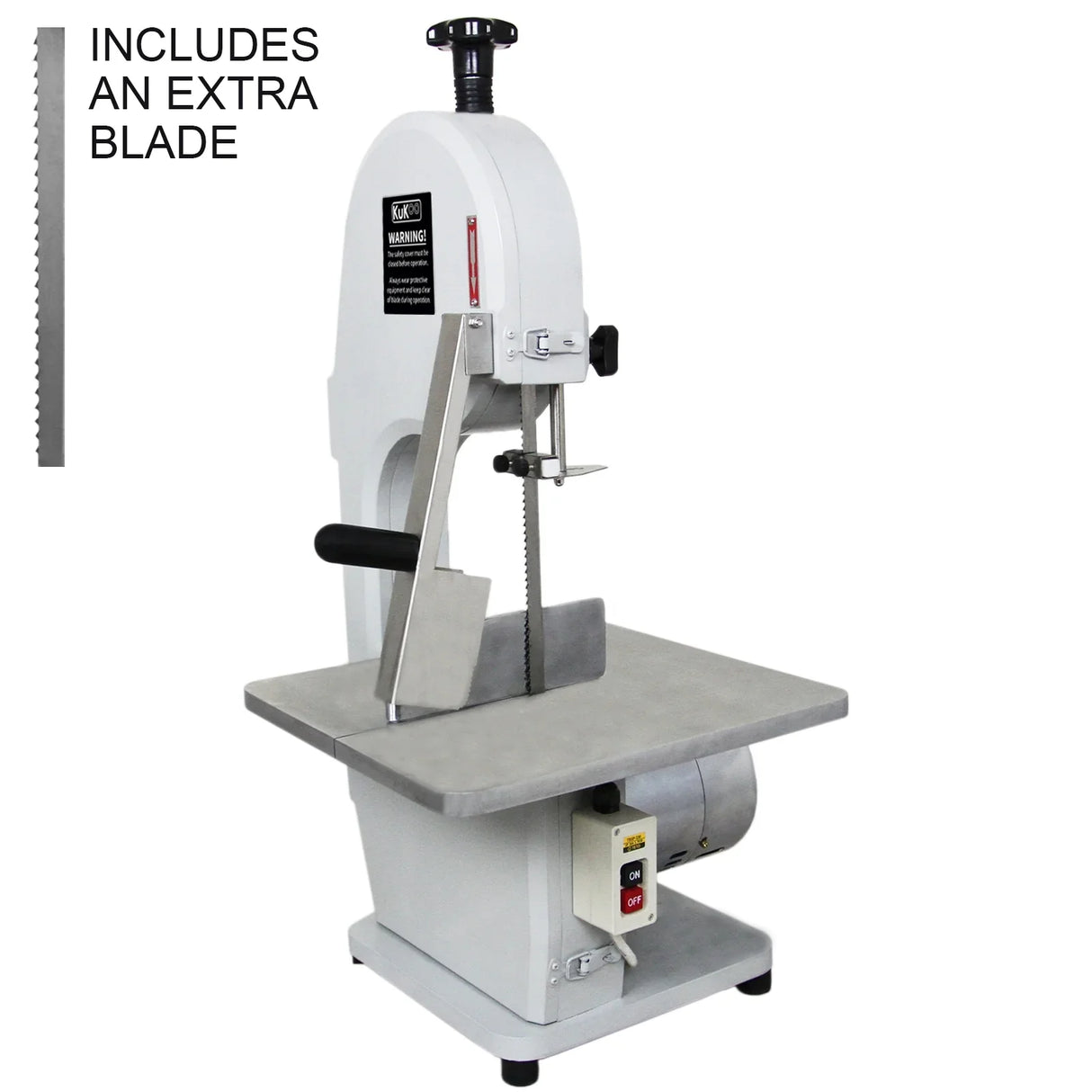Kukoo Commercial Bone Saw Bandsaw with a sturdy gray worktable, vertical design, and an extra blade for efficient cutting