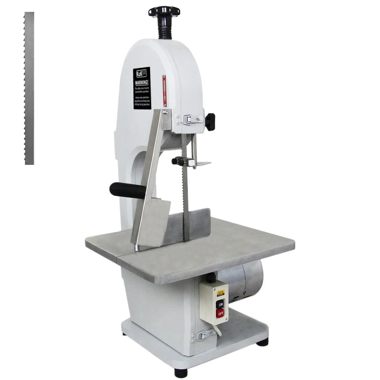 Kukoo Commercial Bone Saw Bandsaw with a sturdy gray table, vertical blade, and a white body, designed for efficient meat cutting