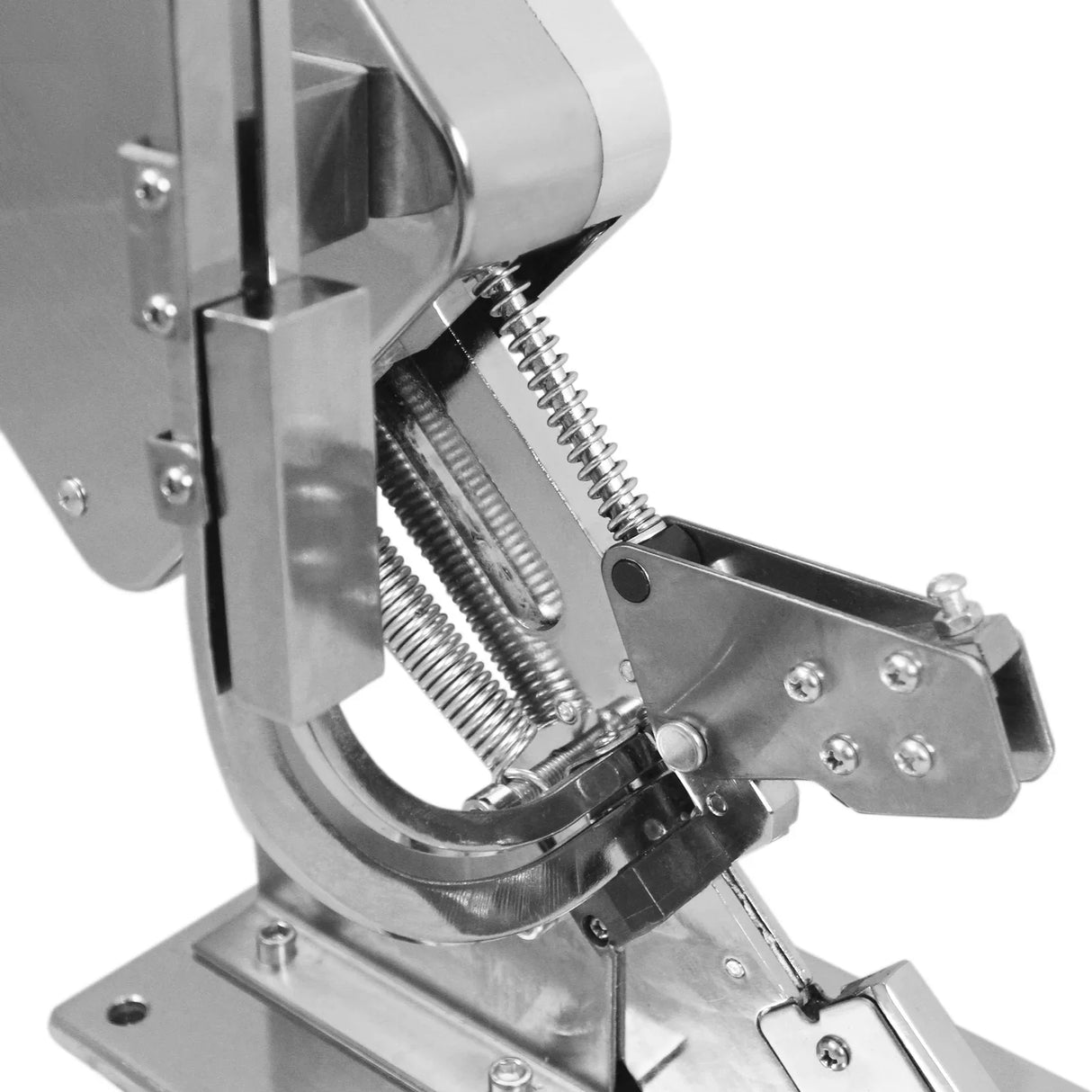 Stainless steel mechanism of a 15L electric sausage stuffer, showcasing intricate springs and clippers for efficient use