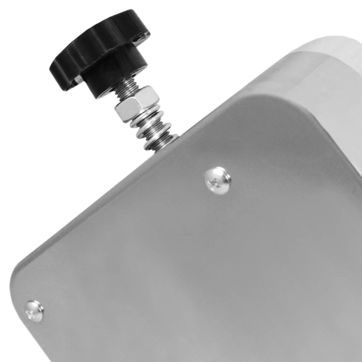 Close-up of the KuKoo 5L sausage stuffer's adjustable pressure knob, featuring a stainless steel body and black plastic handle