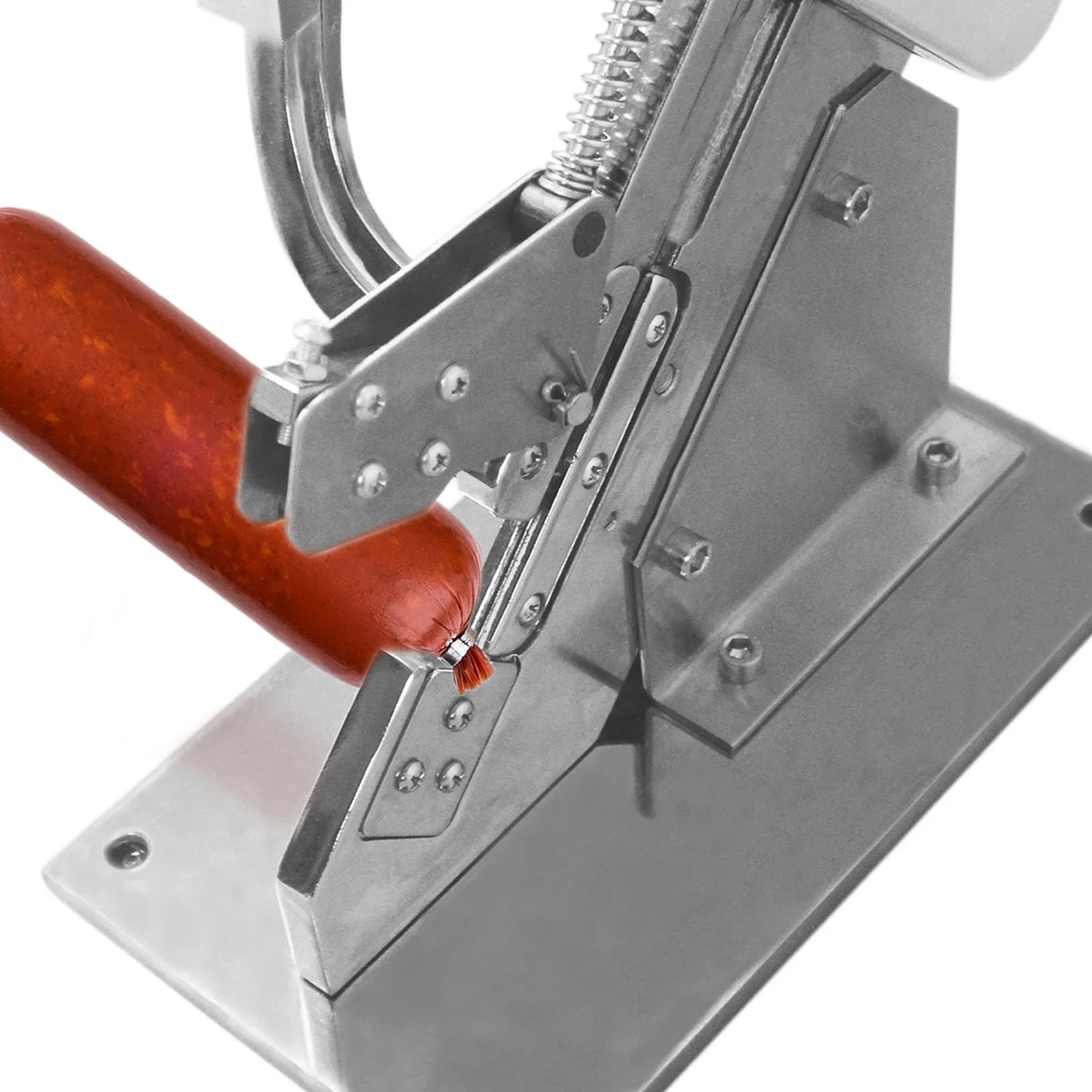 Kukoo Sausage Clipper with stainless steel base, featuring a red sausage being clipped securely for easy preparation