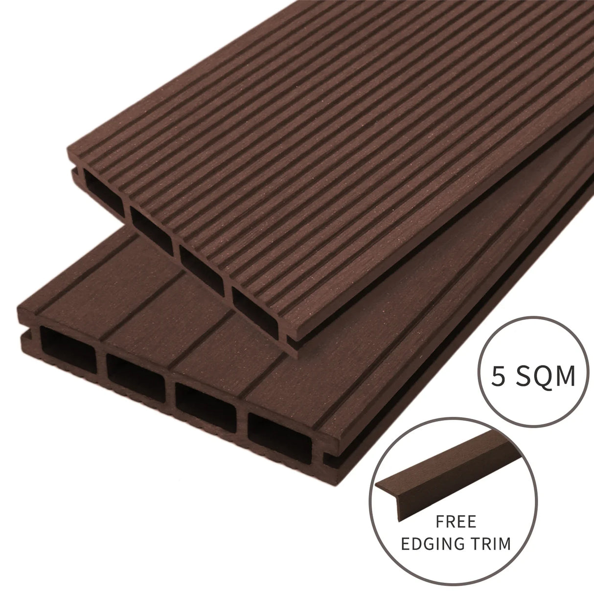 Jardí Composite Decking in Conker Brown, featuring textured grooves, durable material, and includes 5 SQM with free edging trim