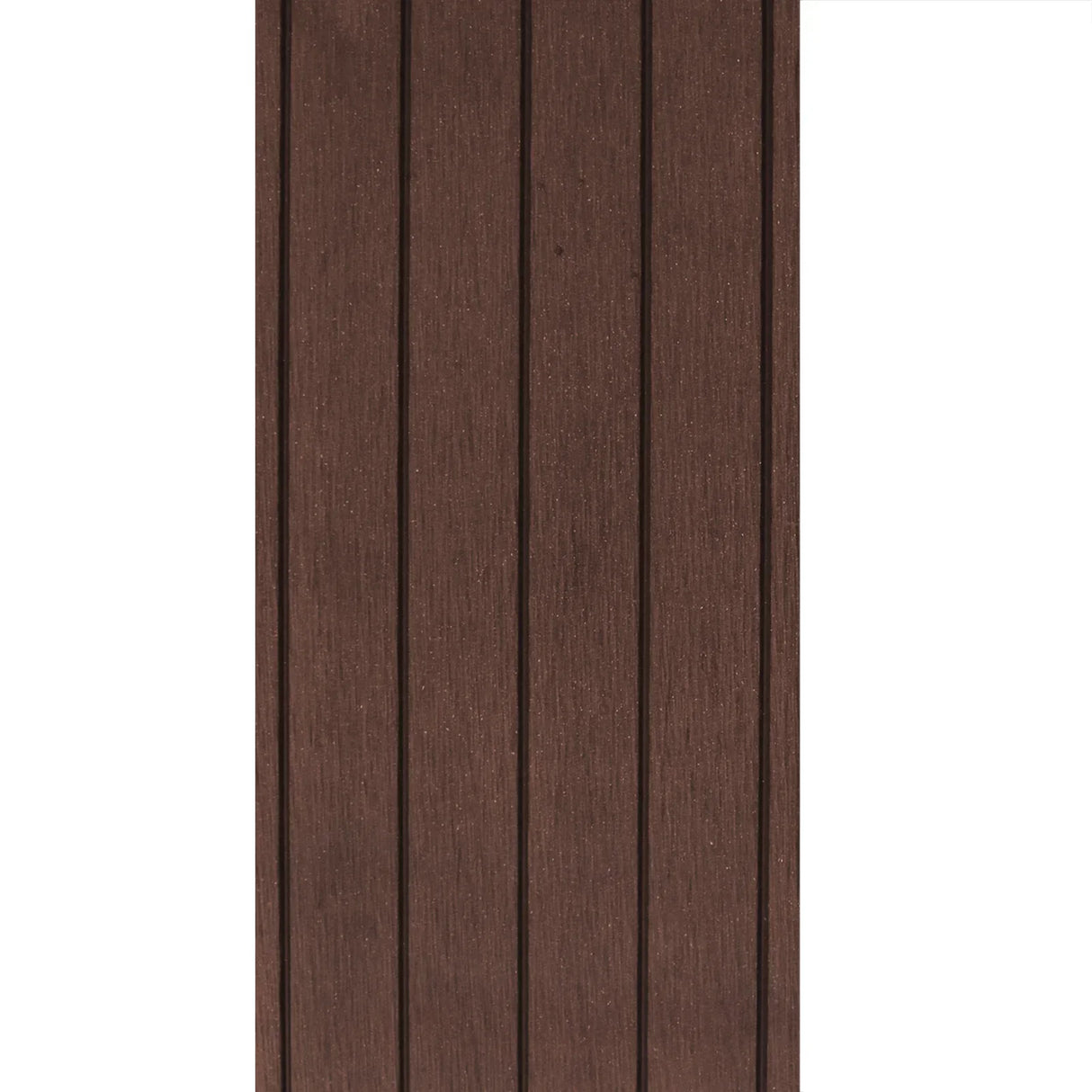 Jardí Composite Decking in Conker Brown features a rich, dark brown color with a textured, wood-like finish and vertical grooves