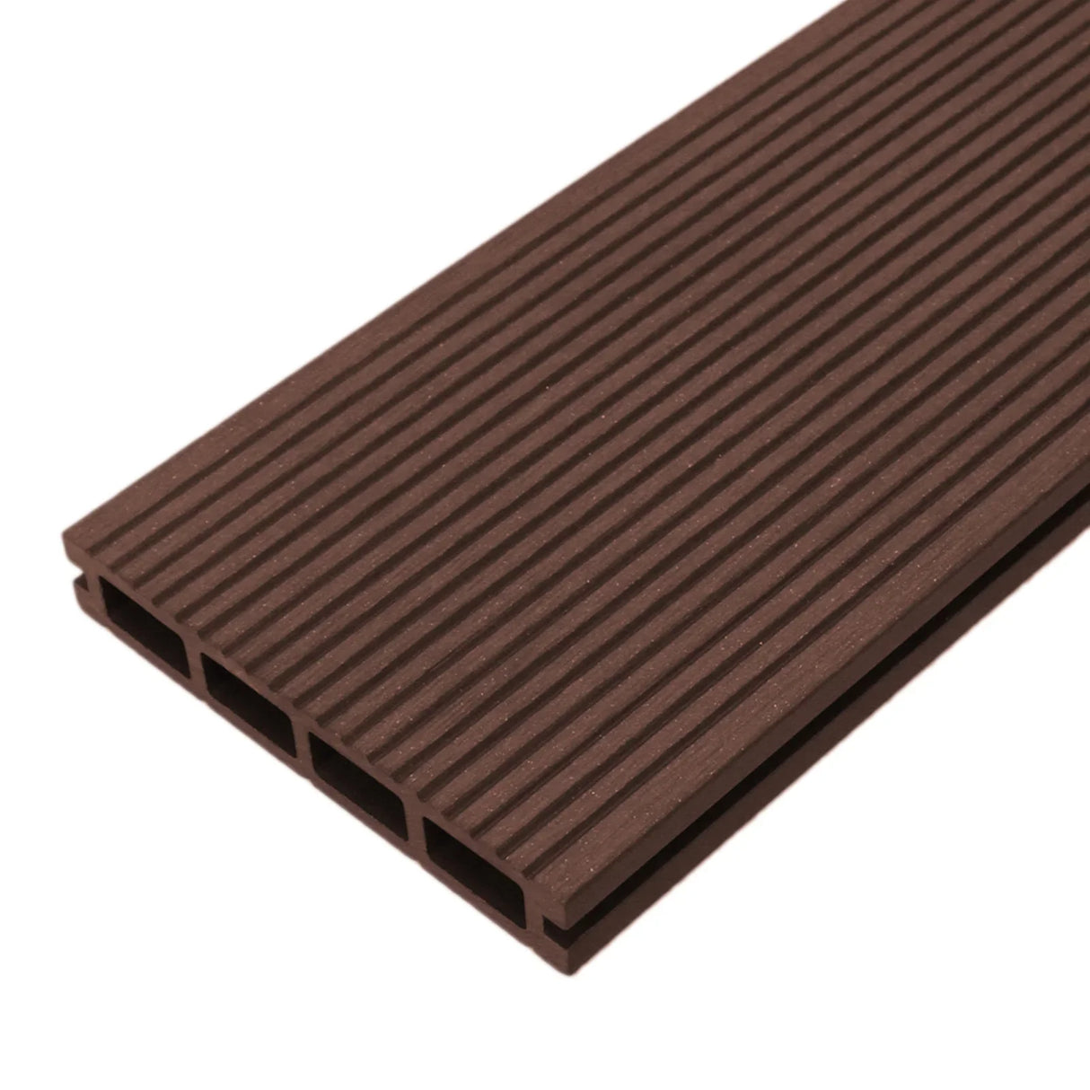 Jardí Composite Decking in Conker Brown, featuring a textured, ribbed surface and a durable, weather-resistant design for outdoor use