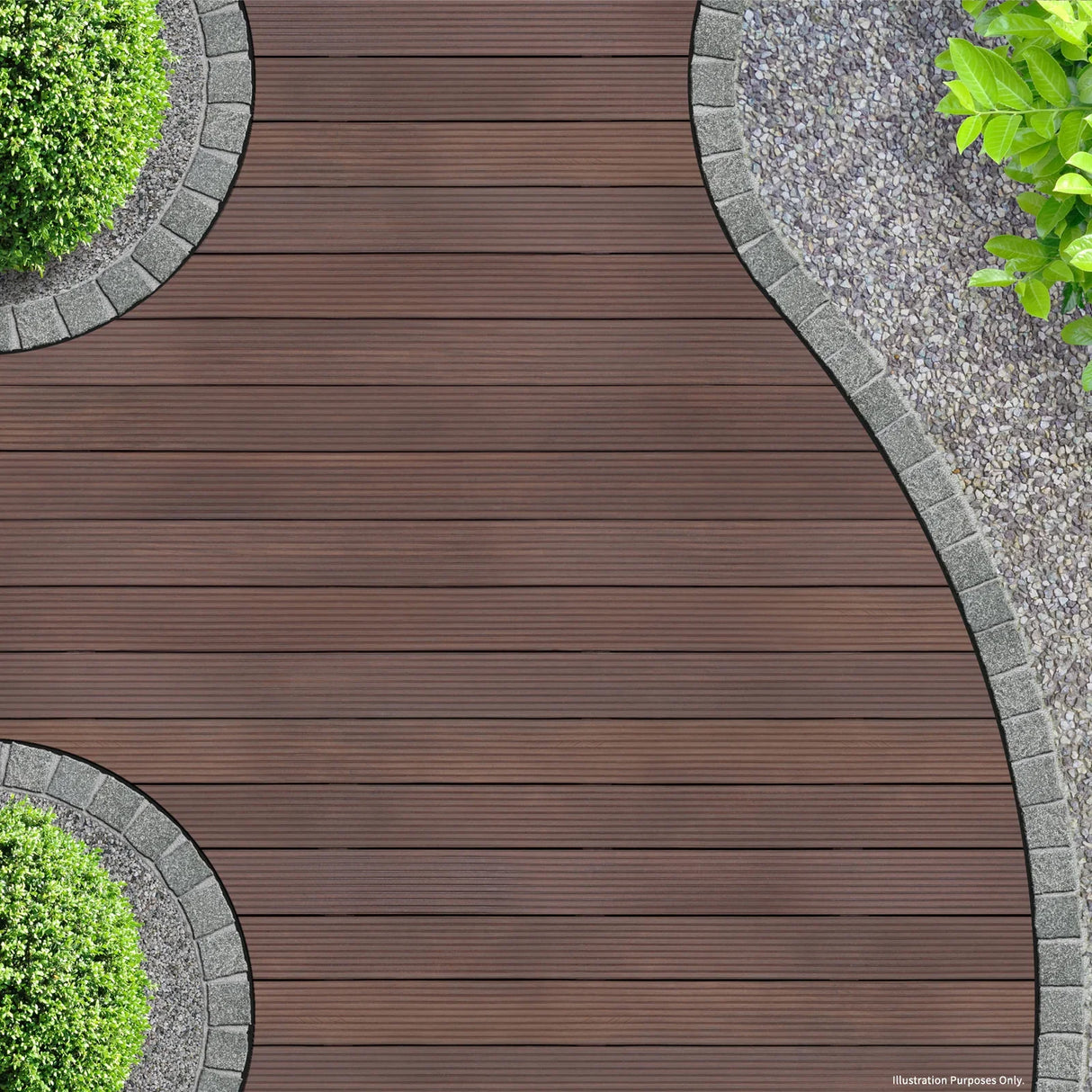 Conker Brown Jardí Composite Decking with smooth, textured planks, bordered by stone edging and greenery, ideal for outdoor spaces