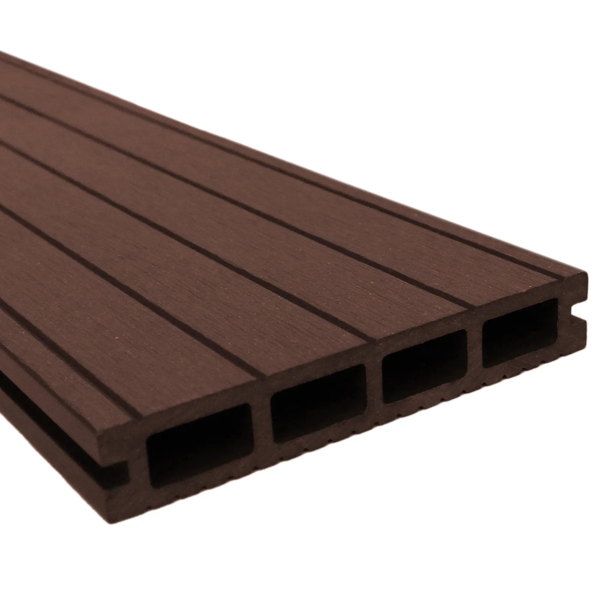Jardí Composite Decking in Conker Brown, showcasing a textured surface with parallel grooves and a durable, hollow design