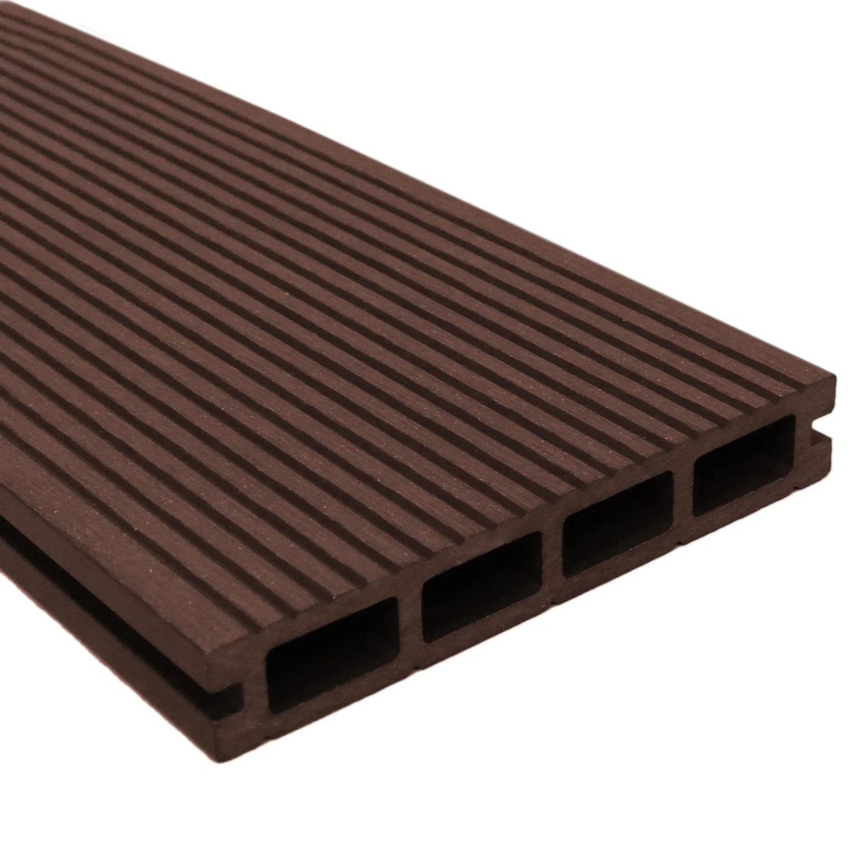 Jardí Composite Decking in Conker Brown, featuring a textured surface with grooves and a durable, weather-resistant design