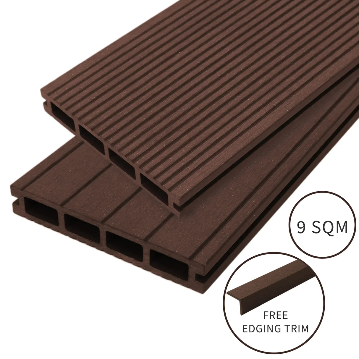 Jardí Composite Decking in Conker Brown, featuring a textured surface and hollow design, ideal for outdoor spaces, covers 9 SQM