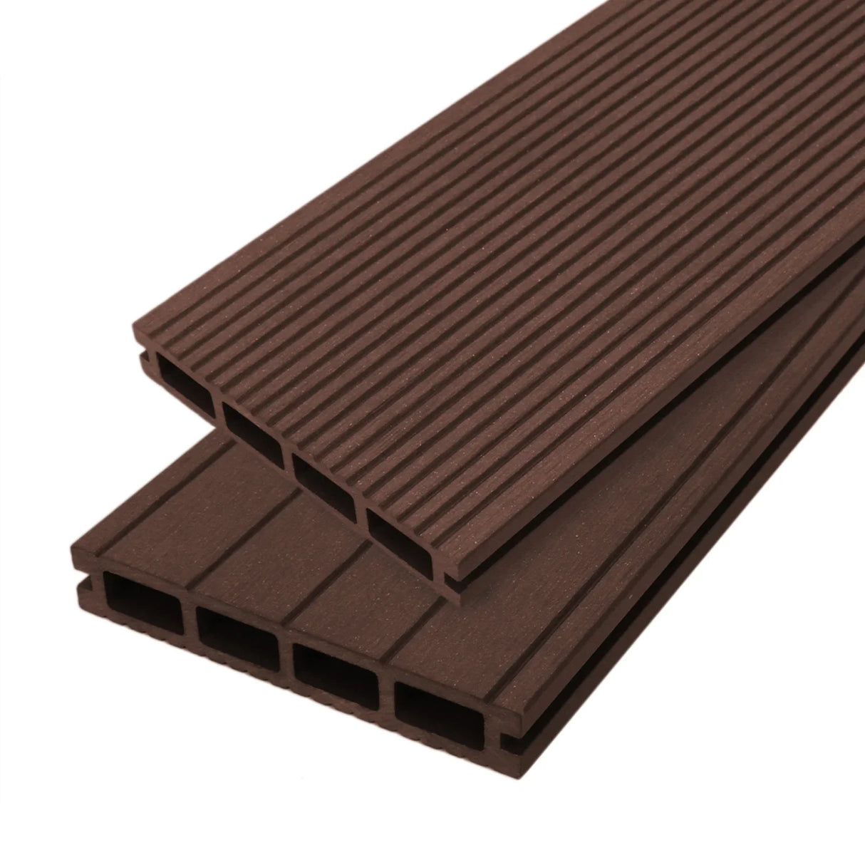 Jardí Composite Decking in Conker Brown, featuring a textured surface and hollow core design, ideal for outdoor spaces