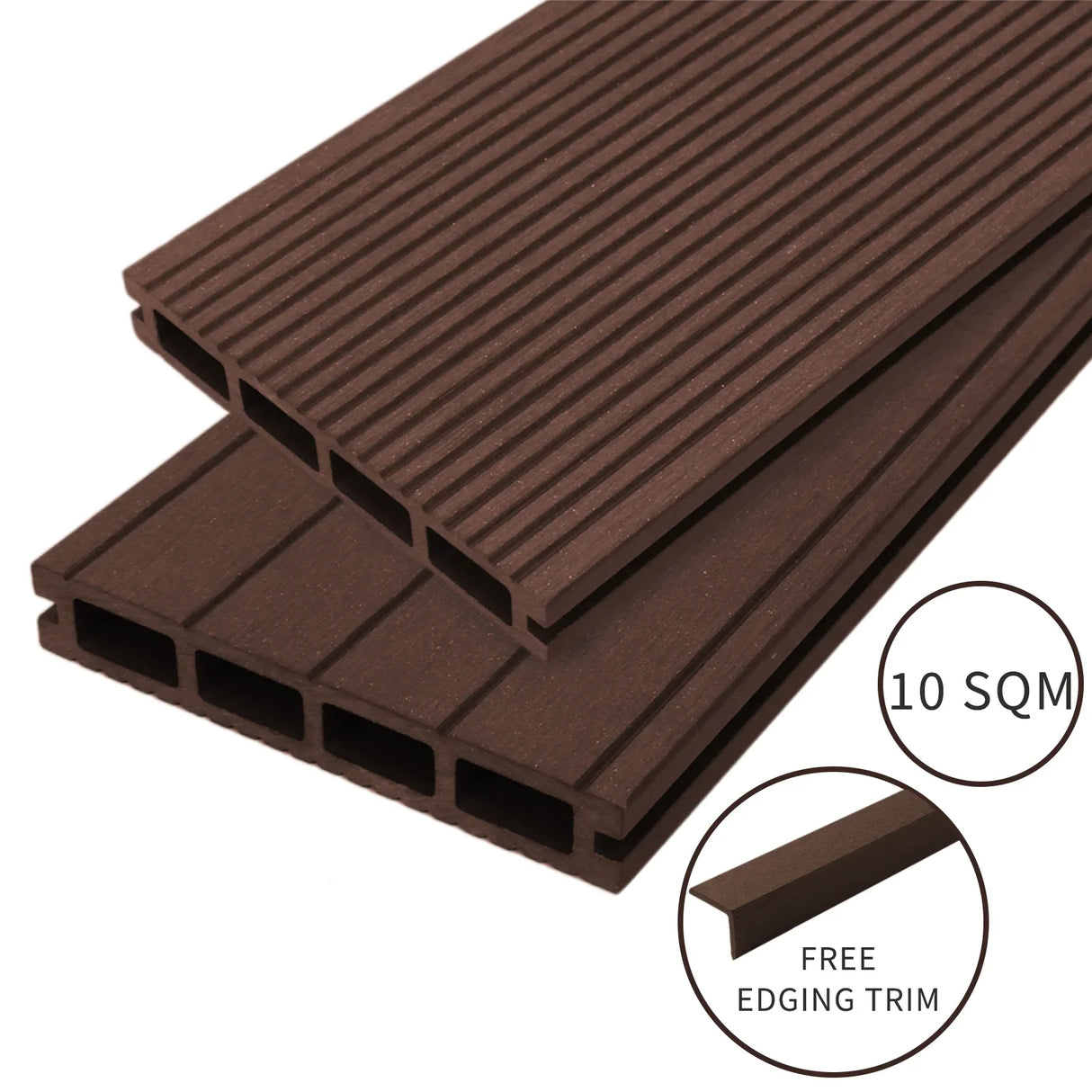 Jardí Composite Decking in Conker Brown, featuring a textured surface and hollow design, ideal for outdoor spaces, 10 SQM pack