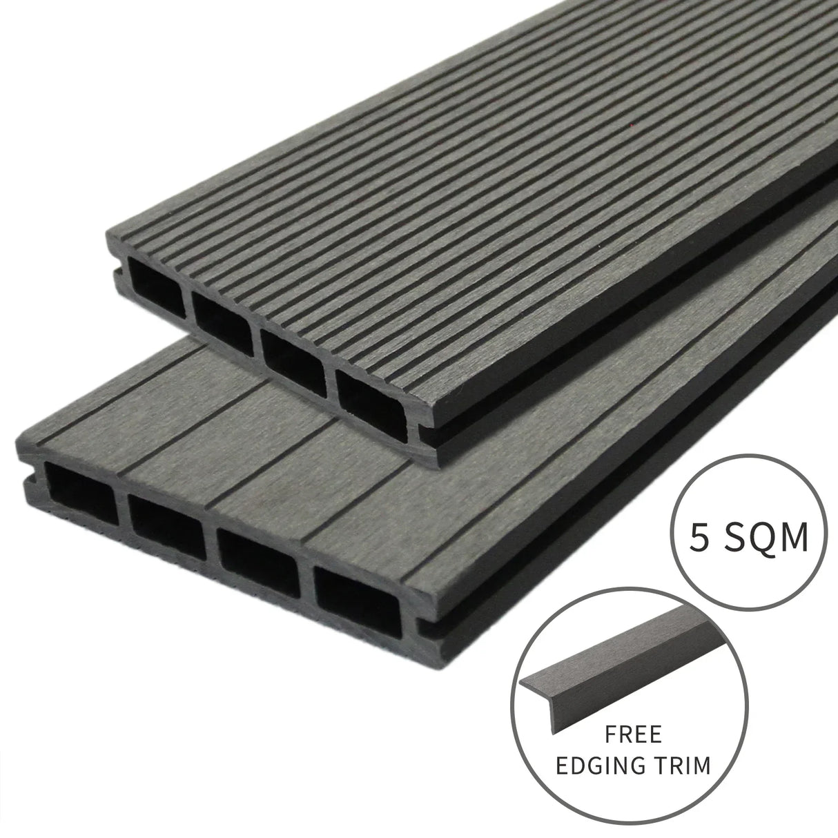 Jardí composite decking in Castle Grey, featuring a textured surface, sleek design, and includes free edging trim for a polished finish
