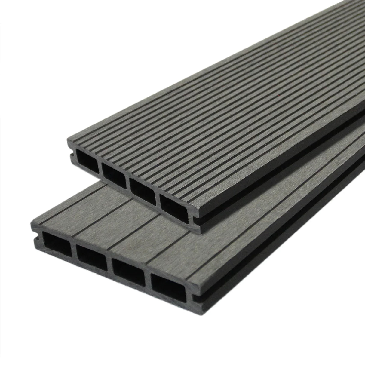Castle Grey Jardí Composite Decking boards with a textured surface and hollow design, ideal for outdoor spaces and patios