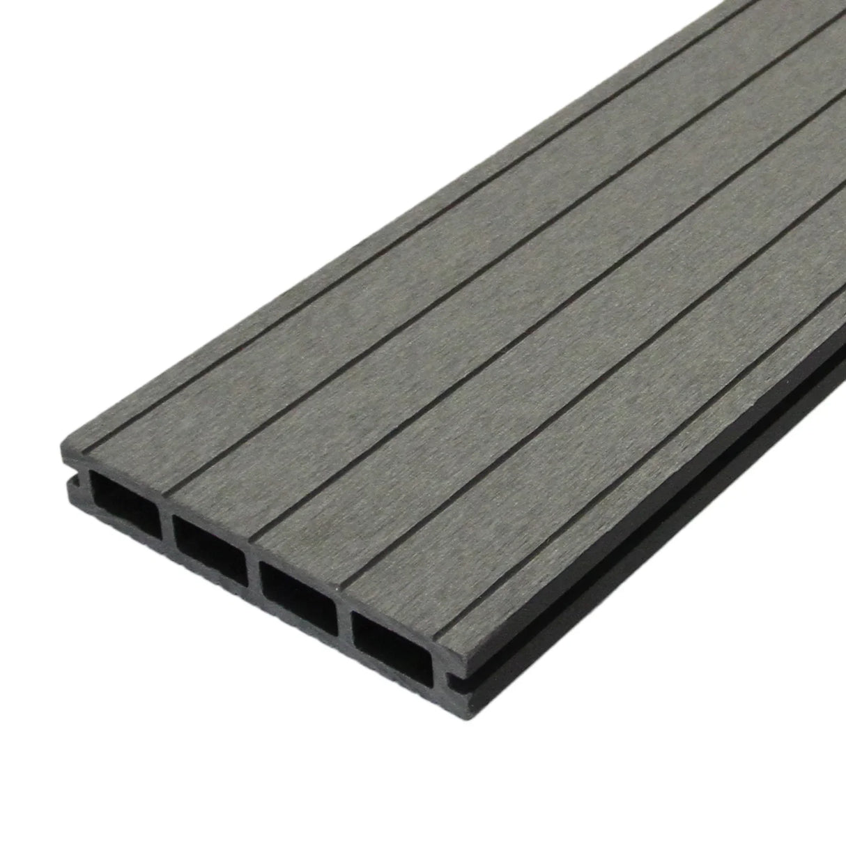 Castle Grey Jardí composite decking plank with a textured surface and grooved design, ideal for outdoor spaces and patios