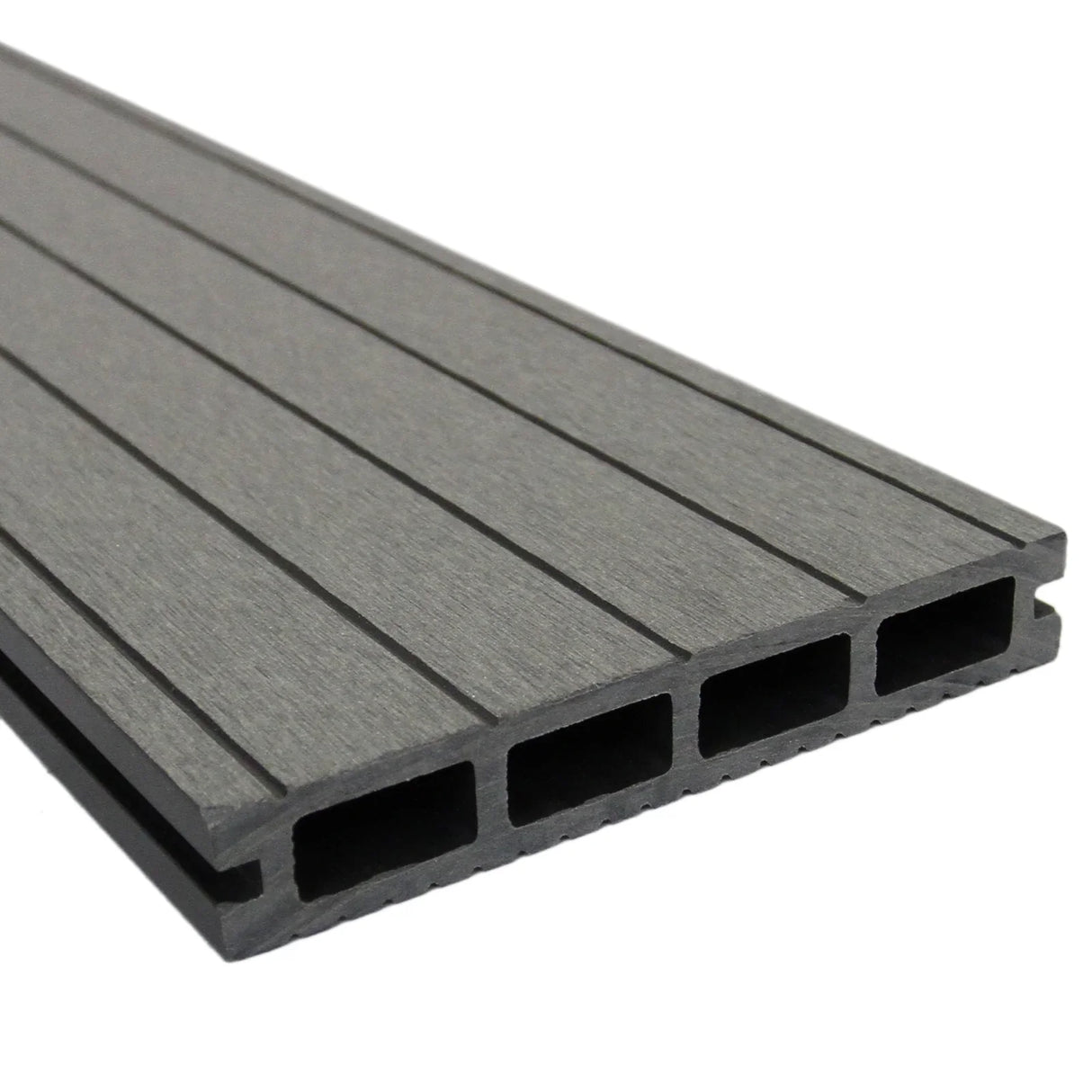 Castle Grey Jardí Composite Decking plank showcasing a textured surface with grooves, ideal for outdoor spaces and durable construction