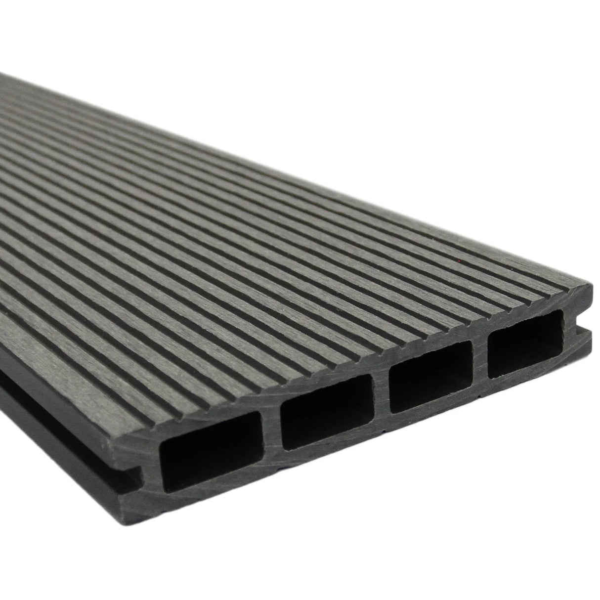 Jardí composite decking in Castle Grey, featuring a textured surface and hollow design for durability and slip resistance