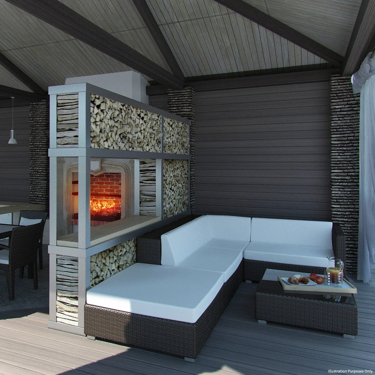 Castle Grey Jardí Composite Decking displayed in a modern outdoor setting with a cozy seating area and fireplace, showcasing its sleek texture and color