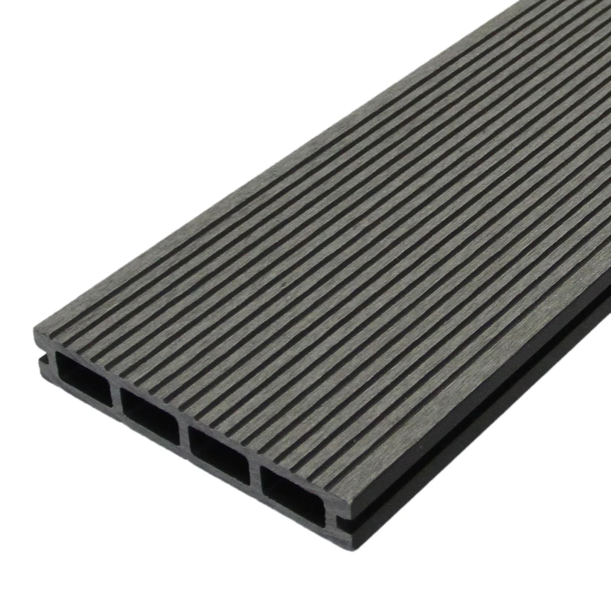 Castle Grey Jardí Composite Decking plank with a textured, grooved surface, showcasing durability and modern design for outdoor spaces