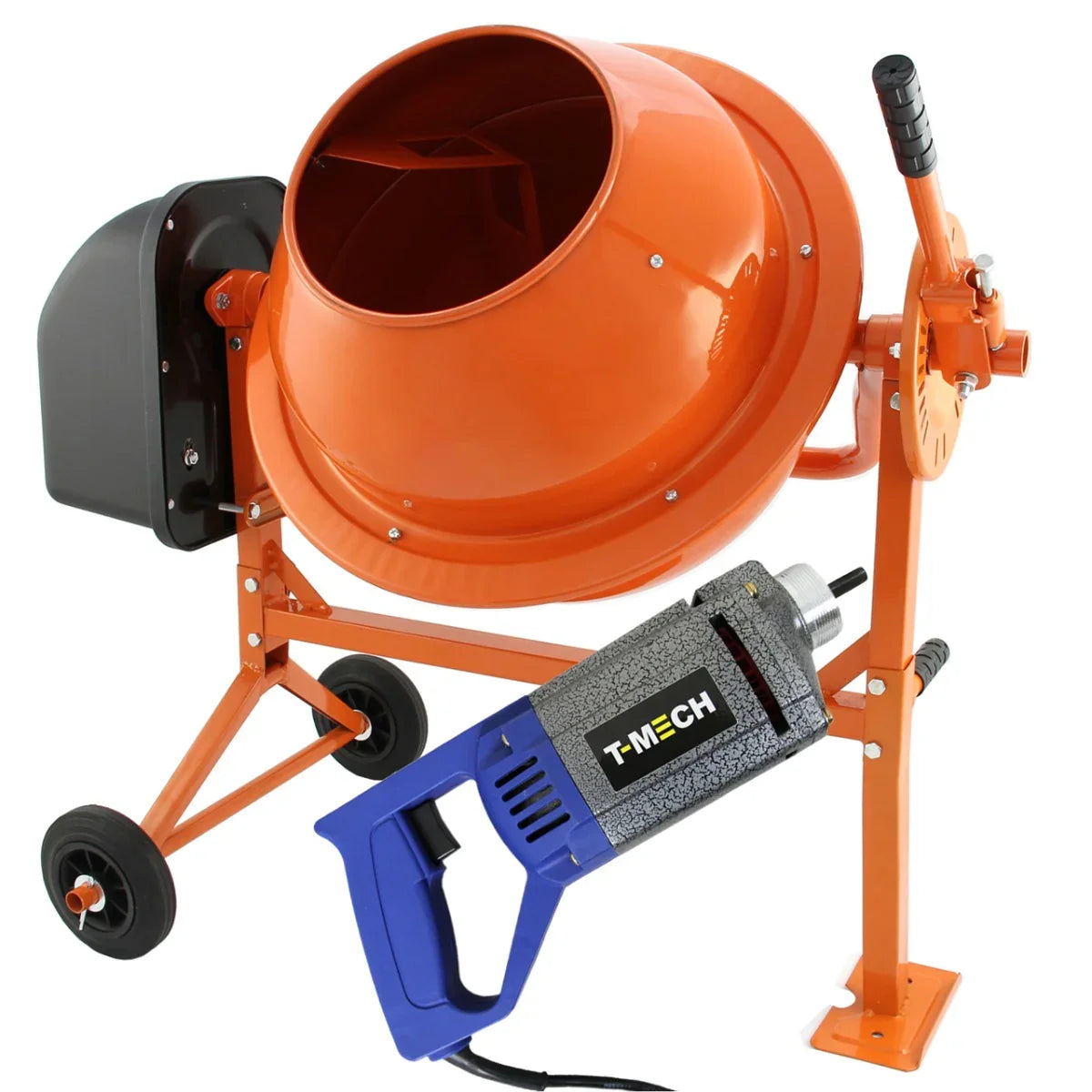 Cement mixer in vibrant orange with a sturdy metal frame, paired with a handheld concrete vibrator featuring a blue grip and 2m shaft