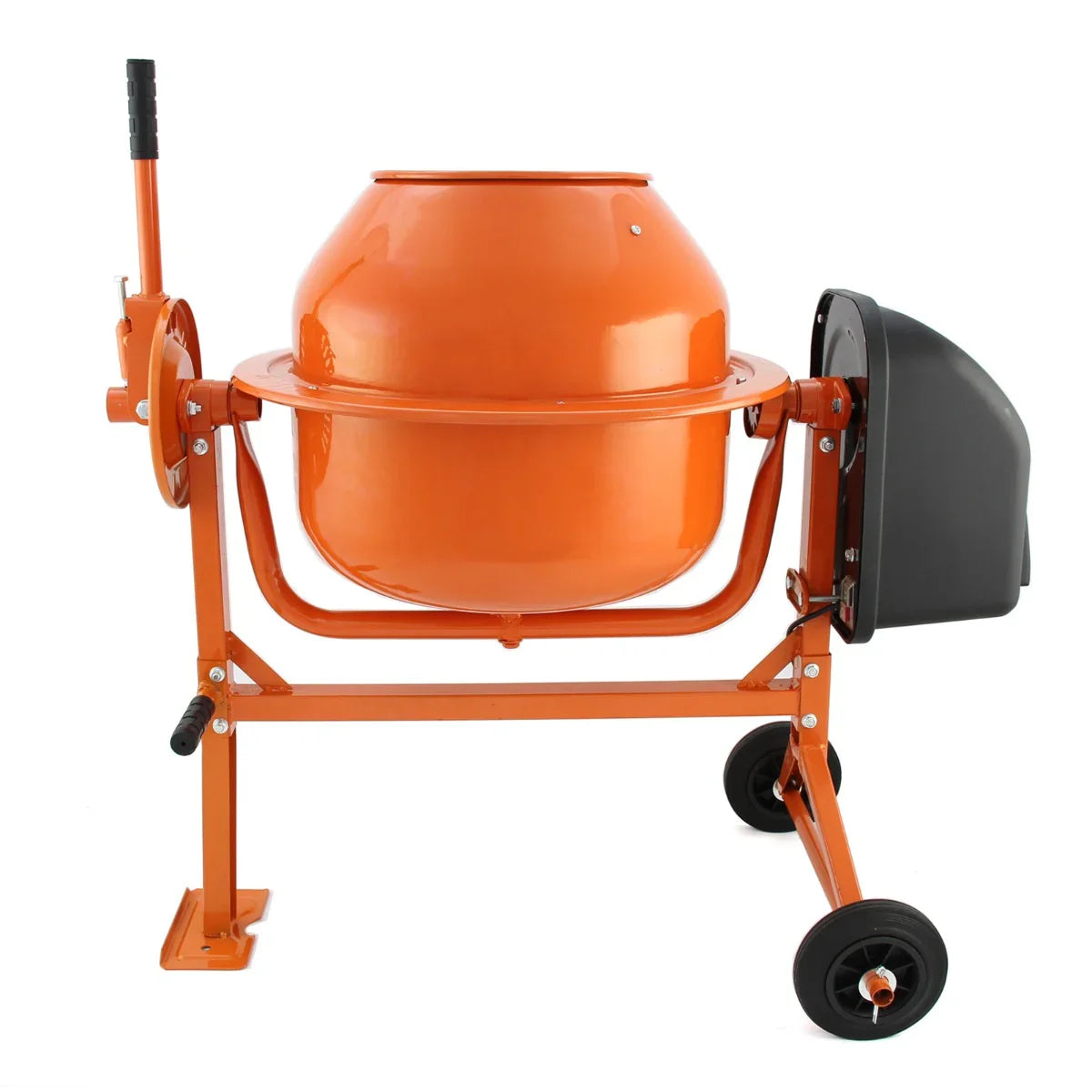 Cement mixer in bright orange with a sturdy metal frame, large mixing drum, and wheels for easy mobility, ideal for concrete projects