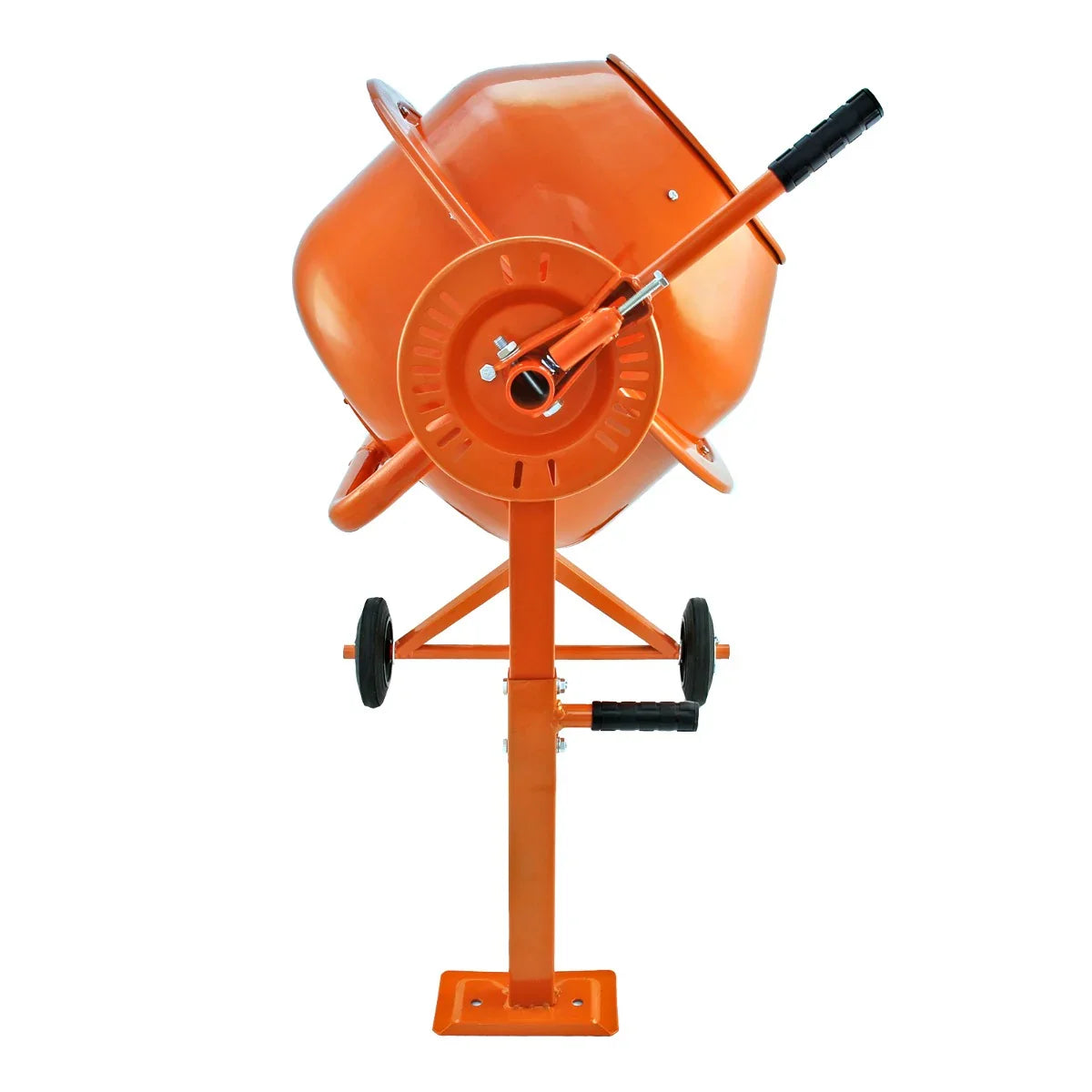 Bright orange cement mixer with a sturdy metal frame, featuring a large mixing drum and two wheels for easy mobility