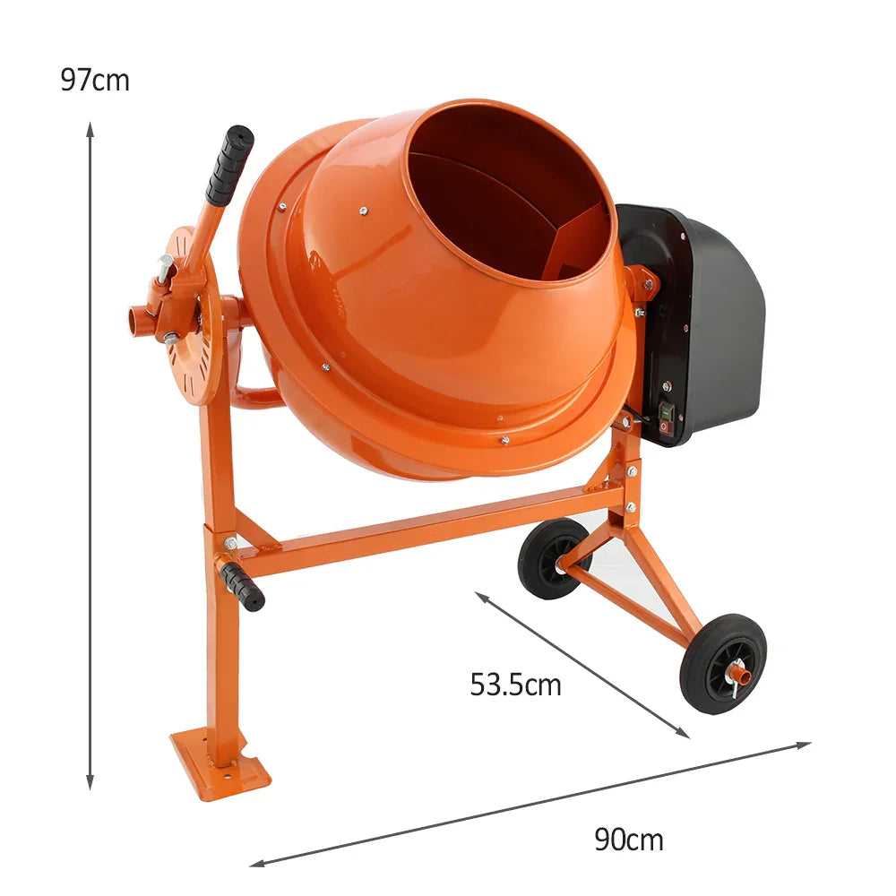 Cement mixer in bright orange with a large drum, sturdy metal frame, and wheels for easy mobility, measuring 97cm tall and 90cm wide
