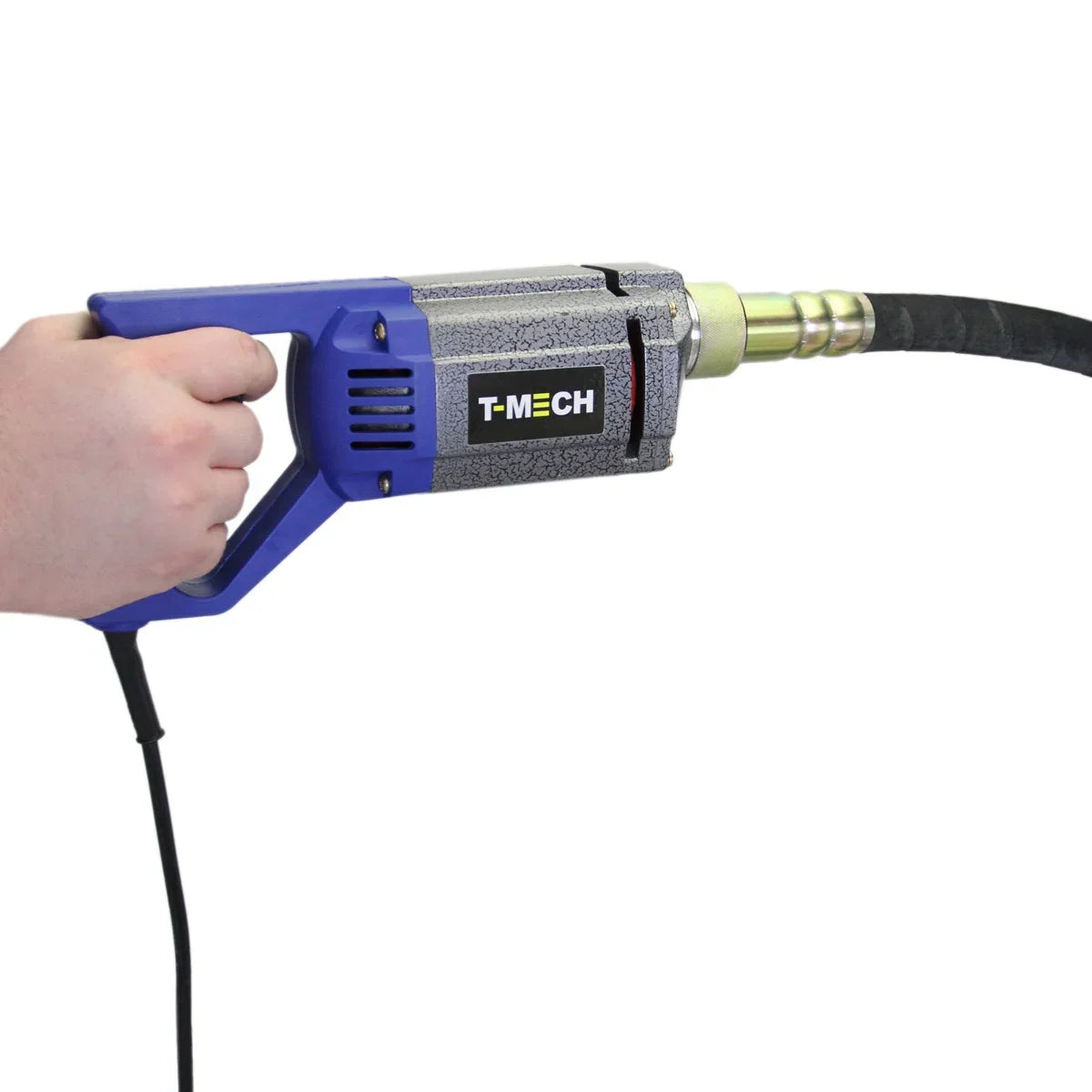 Handheld concrete vibrator with a blue and silver design, featuring a 2m shaft for efficient concrete mixing and leveling
