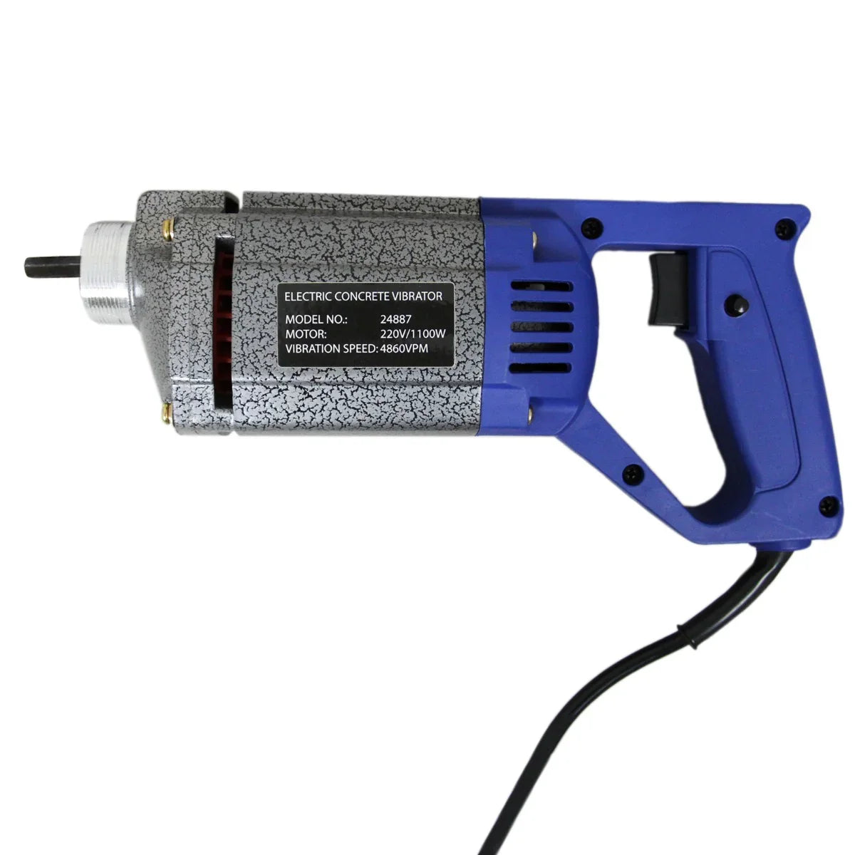 Handheld concrete vibrator with a blue ergonomic handle, silver body, and 2m shaft, designed for efficient concrete mixing and vibration