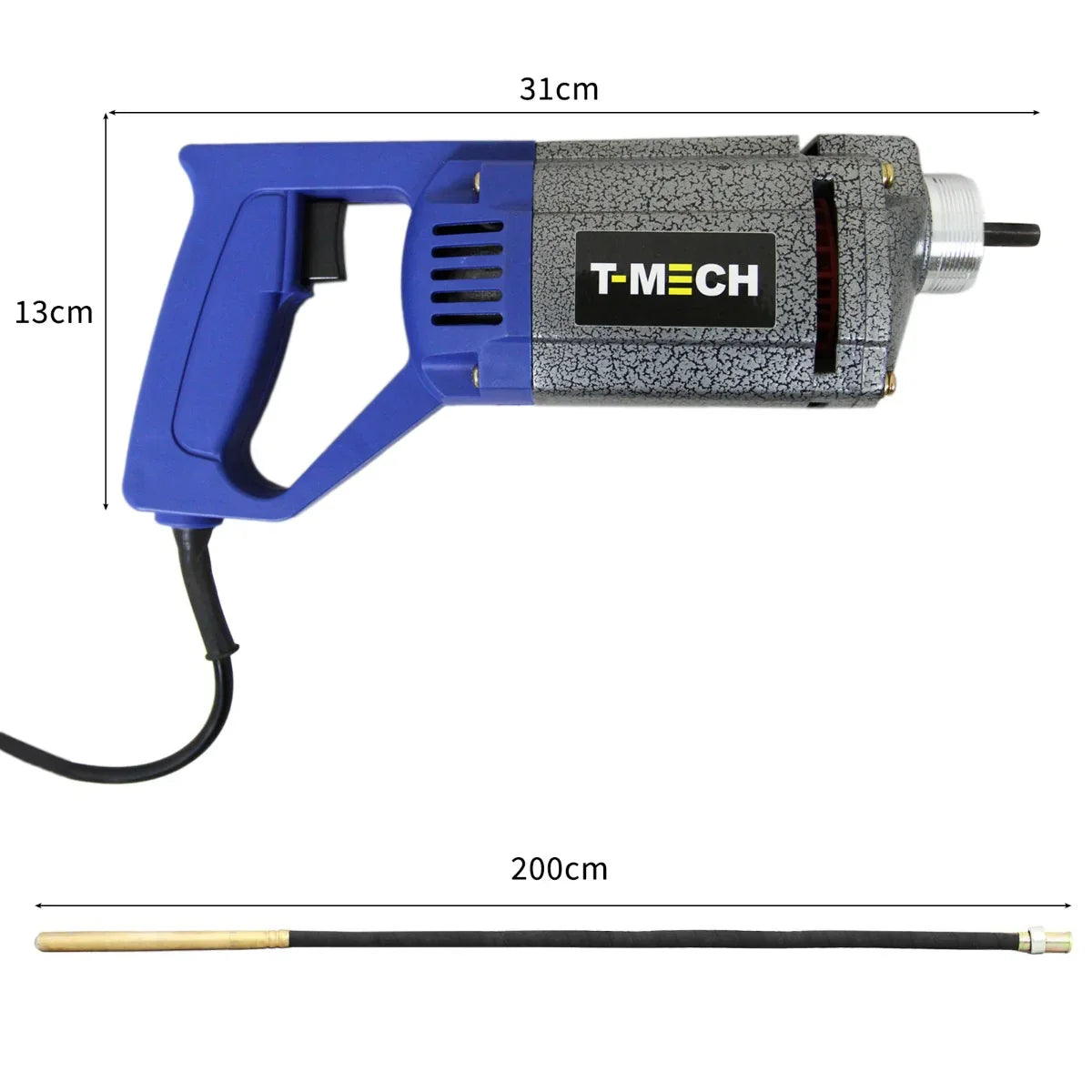 Cement mixer and handheld concrete vibrator with a blue handle, textured gray body, and a 2m long flexible shaft for easy use