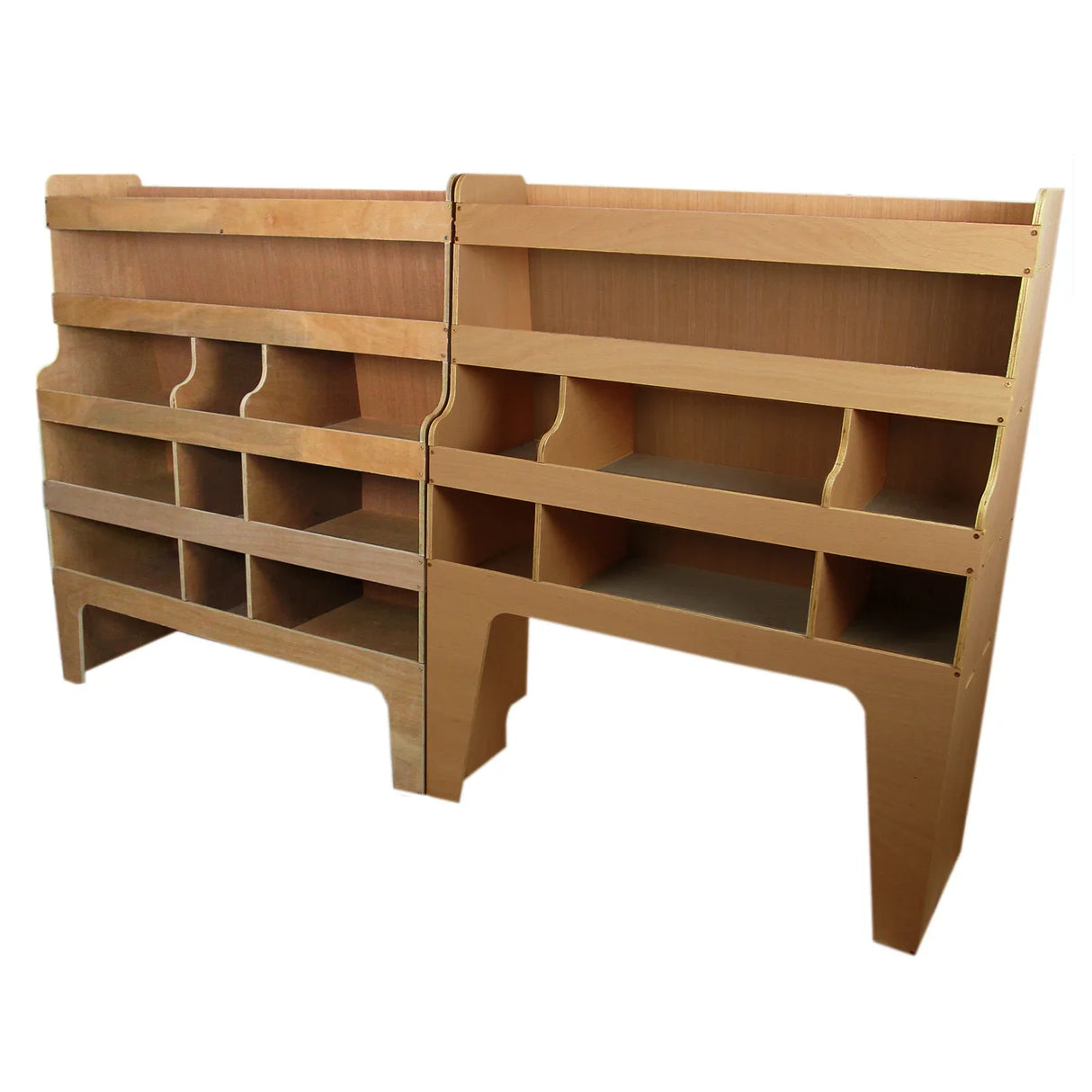 Ford Transit Custom SWB & LWB offside plywood van racking, featuring sturdy wood construction, multiple shelves, and a smooth finish