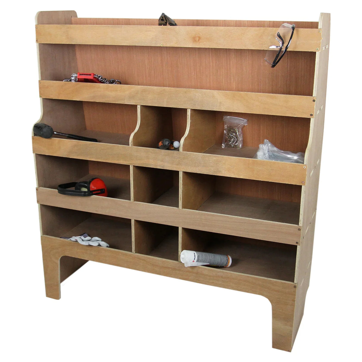 Offside plywood van racking for Ford Transit Custom, featuring multiple shelves and compartments for organized tool storage