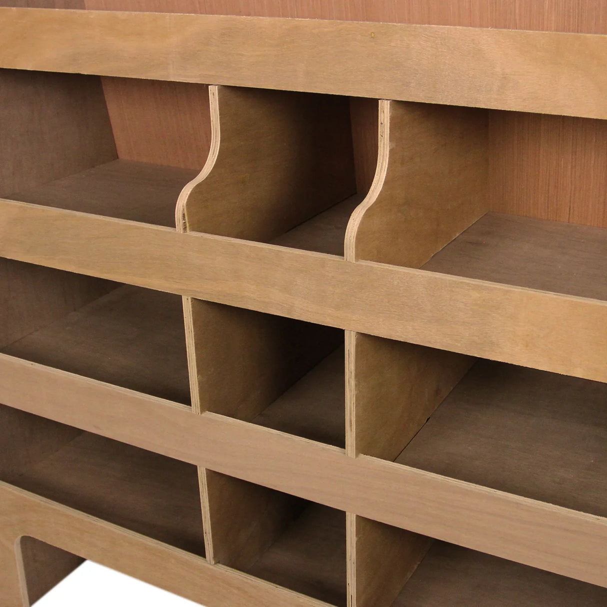Offside plywood van racking for Ford Transit Custom, featuring multiple storage compartments and a smooth, natural wood finish