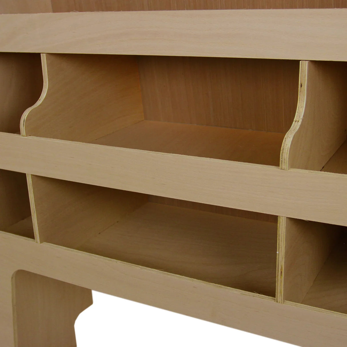 Light-colored plywood van racking for Ford Transit Custom, featuring multiple shelves and compartments for organized storage